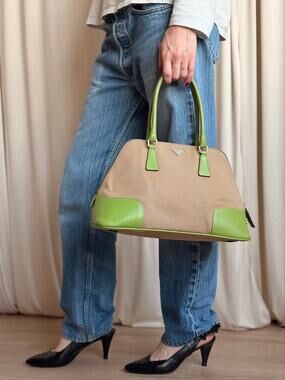 Vintage Prada Beige Canapa Dome & Lime Green Leather Trim Bowling Bag